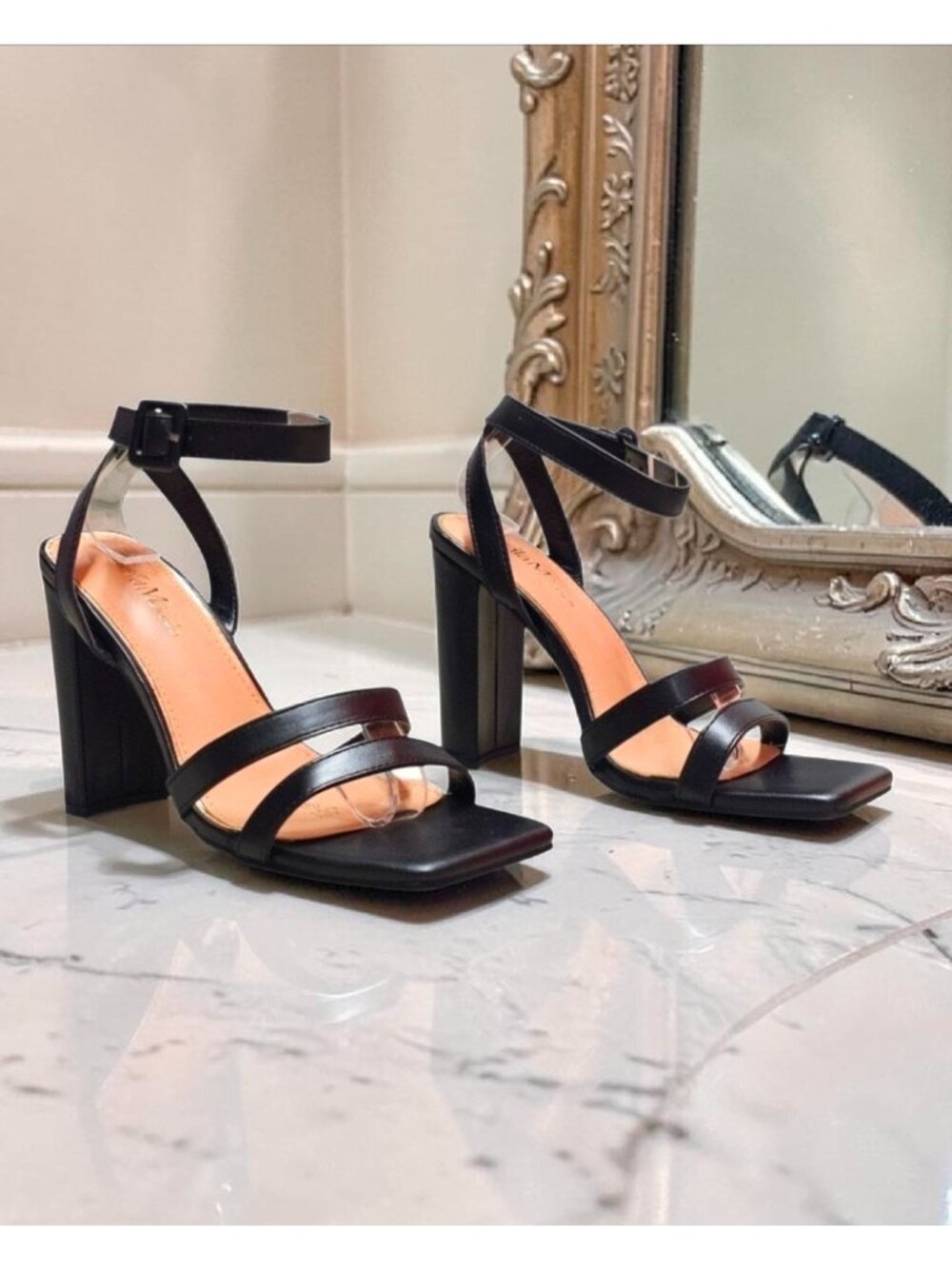 Strappy Black Block Heel Sandals With Square Toe Adjustable Ankle Strap